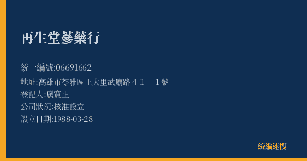 再生堂蔘藥行的照片-統編 06691662(高雄市) 公司登記資料與營業項目詳細圖表