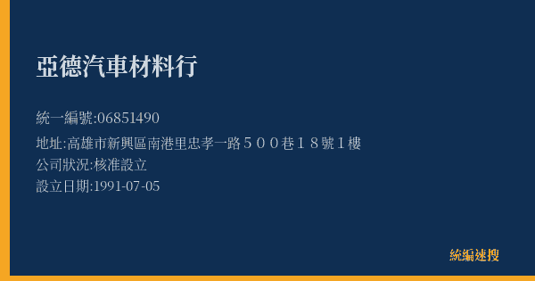 亞德汽車材料行的照片-統編 06851490(高雄市) 公司登記資料與營業項目詳細圖表