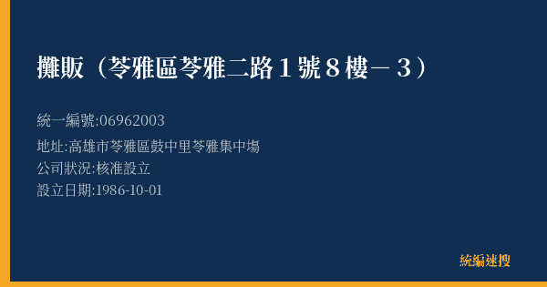 攤販(苓雅區苓雅二路1號8樓-3)的照片-統編 06962003(高雄市) 公司登記資料與營業項目詳細圖表