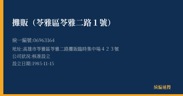 攤販(苓雅區苓雅二路1號)的照片-統編 06963164(高雄市) 公司登記資料與營業項目詳細圖表