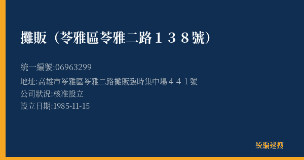 攤販(苓雅區苓雅二路138號)的照片-統編 06963299(高雄市) 公司登記資料與營業項目詳細圖表