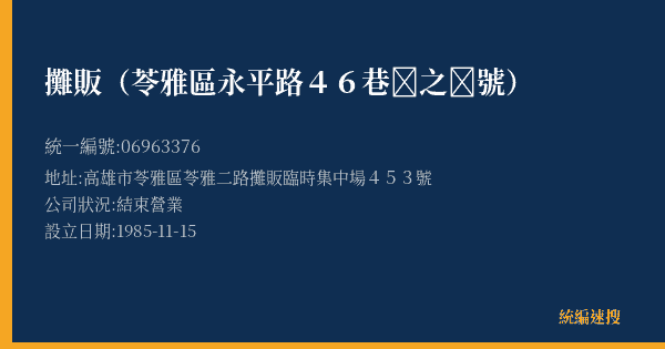 攤販(苓雅區永平路46巷之號)的照片-統編 06963376(高雄市) 公司登記資料與營業項目詳細圖表