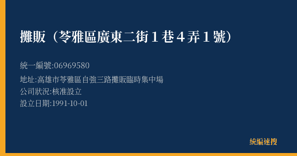 攤販(苓雅區廣東二街1巷4弄1號)的照片-統編 06969580(高雄市) 公司登記資料與營業項目詳細圖表