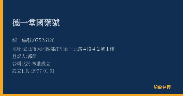 德一堂國藥號的照片-統編 07526120(臺北市) 公司登記資料與營業項目詳細圖表