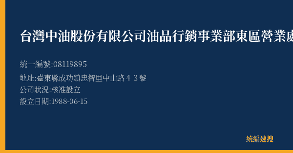 台灣中油股份有限公司油品行銷事業部東區營業處成功加油站的照片-統編 08119895(臺東縣) 公司登記資料與營業項目詳細圖表