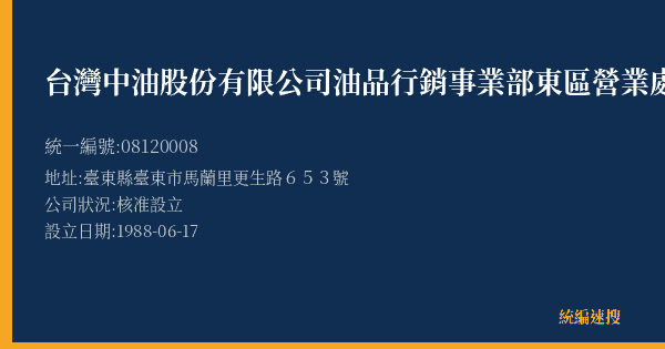 台灣中油股份有限公司油品行銷事業部東區營業處馬蘭加油站的照片-統編 08120008(臺東縣) 公司登記資料與營業項目詳細圖表