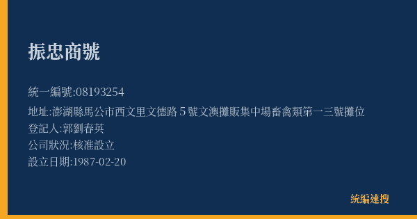 振忠商號的照片-統編 08193254(澎湖縣) 公司登記資料與營業項目詳細圖表