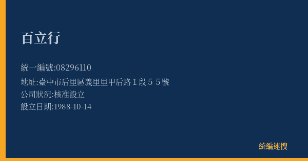 百立行的照片-統編 08296110(臺中市) 公司登記資料與營業項目詳細圖表