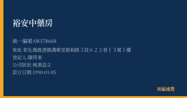 裕安中藥房的照片-統編 08378668(彰化縣) 公司登記資料與營業項目詳細圖表