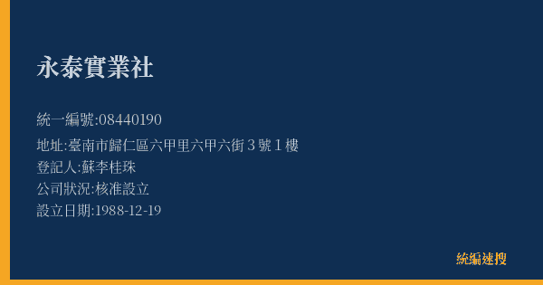 永泰實業社的照片-統編 08440190(臺南市) 公司登記資料與營業項目詳細圖表