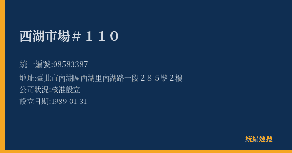 西湖市場#110的照片-統編 08583387(臺北市) 公司登記資料與營業項目詳細圖表