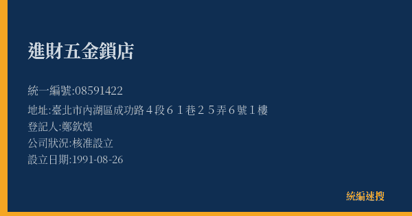 進財五金鎖店的照片-統編 08591422(臺北市) 公司登記資料與營業項目詳細圖表