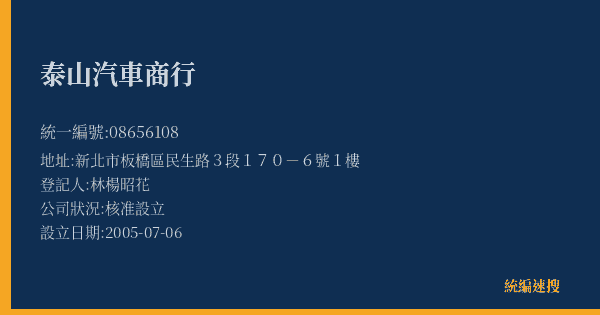 泰山汽車商行的照片-統編 08656108(新北市) 公司登記資料與營業項目詳細圖表