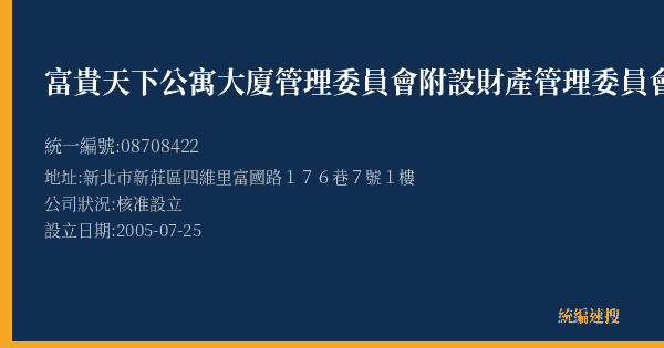 富貴天下公寓大廈管理委員會附設財產管理委員會的照片-統編 08708422(新北市) 公司登記資料與營業項目詳細圖表