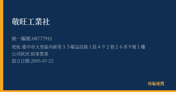 敬旺工業社的照片-統編 08777911(臺中市) 公司登記資料與營業項目詳細圖表