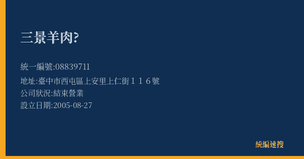 三景羊肉?的照片-統編 08839711(臺中市) 公司登記資料與營業項目詳細圖表