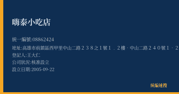 嗨泰小吃店的照片-統編 08862424(高雄市) 公司登記資料與營業項目詳細圖表