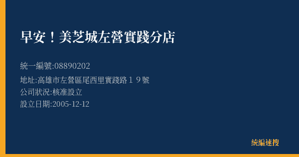 早安!美芝城左營實踐分店的照片-統編 08890202(高雄市) 公司登記資料與營業項目詳細圖表