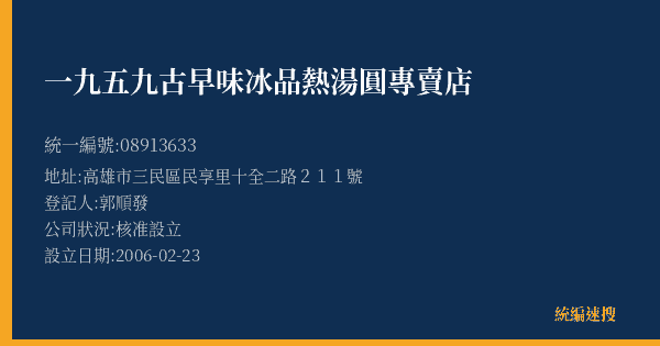 一九五九古早味冰品熱湯圓專賣店的照片-統編 08913633(高雄市) 公司登記資料與營業項目詳細圖表