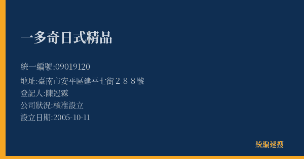 一多奇日式精品的照片-統編 09019120(臺南市) 公司登記資料與營業項目詳細圖表