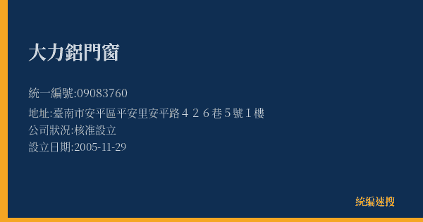 大力鋁門窗的照片-統編 09083760(臺南市) 公司登記資料與營業項目詳細圖表