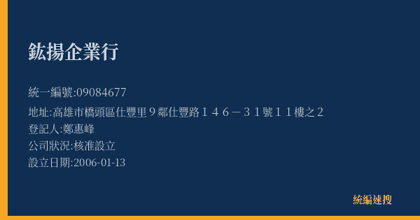 鈜揚企業行的照片-統編 09084677(高雄市) 公司登記資料與營業項目詳細圖表