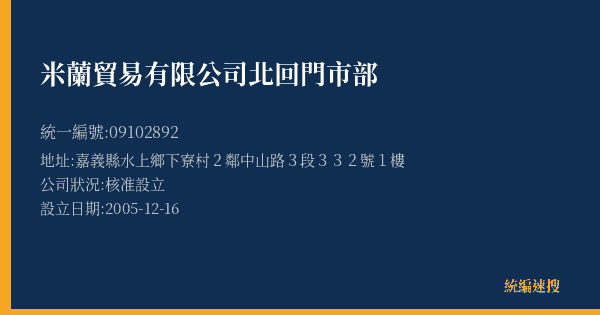 米蘭貿易有限公司北回門市部的照片-統編 09102892(嘉義縣) 公司登記資料與營業項目詳細圖表