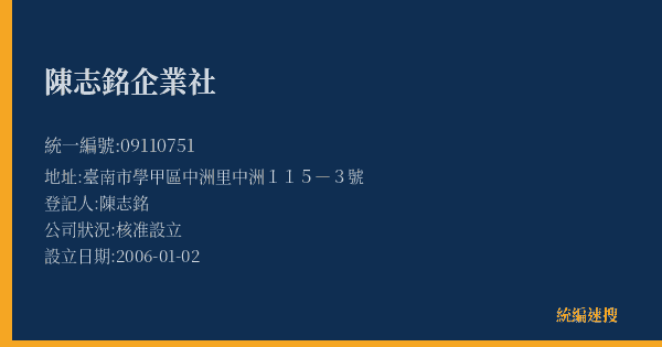 陳志銘企業社的照片-統編 09110751(臺南市) 公司登記資料與營業項目詳細圖表