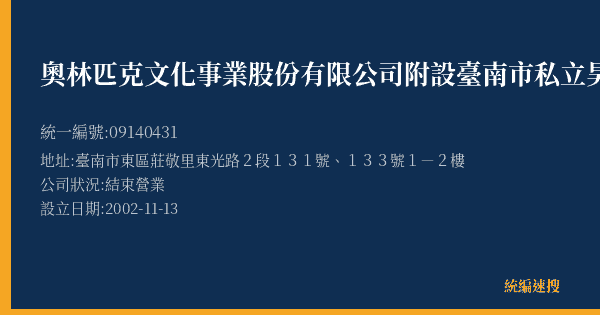奧林匹克文化事業股份有限公司附設臺南市私立昊漢文理短期補習班的照片-統編 09140431(臺南市) 公司登記資料與營業項目詳細圖表