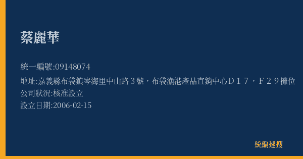 蔡麗華的照片-統編 09148074(嘉義縣) 公司登記資料與營業項目詳細圖表