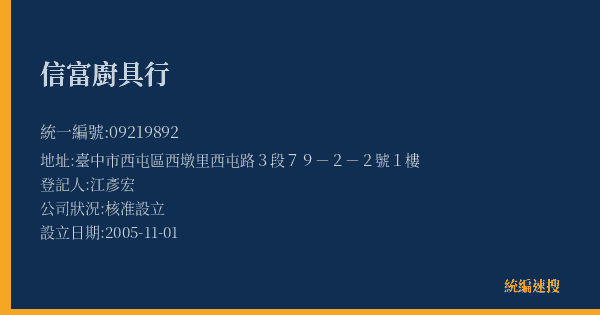 信富廚具行的照片-統編 09219892(臺中市) 公司登記資料與營業項目詳細圖表
