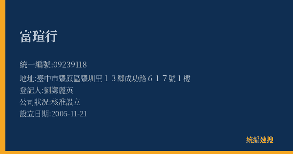 富瑄行的照片-統編 09239118(臺中市) 公司登記資料與營業項目詳細圖表