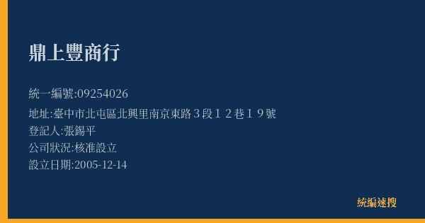 鼎上豐商行的照片-統編 09254026(臺中市) 公司登記資料與營業項目詳細圖表