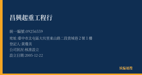 昌興起重工程行的照片-統編 09256559(臺中市) 公司登記資料與營業項目詳細圖表