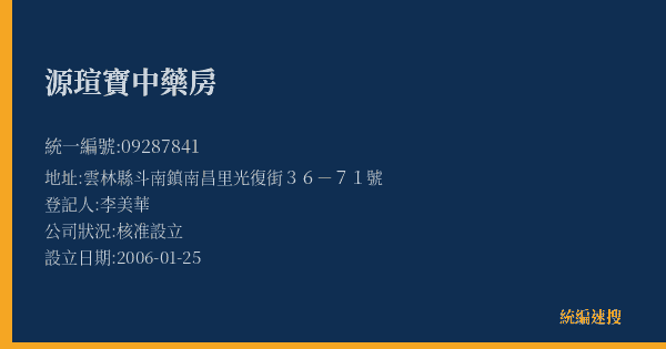 源瑄寶中藥房的照片-統編 09287841(雲林縣) 公司登記資料與營業項目詳細圖表
