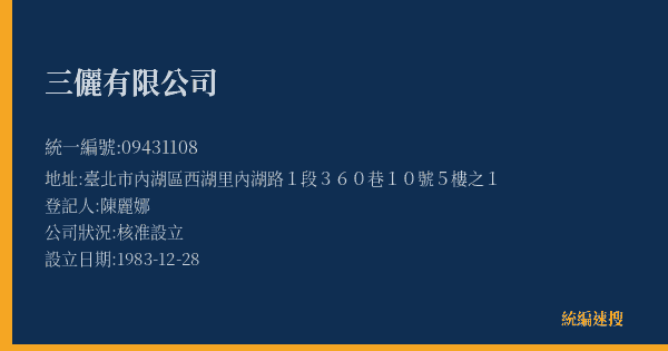 三儷有限公司的照片-統編 09431108(臺北市) 公司登記資料與營業項目詳細圖表