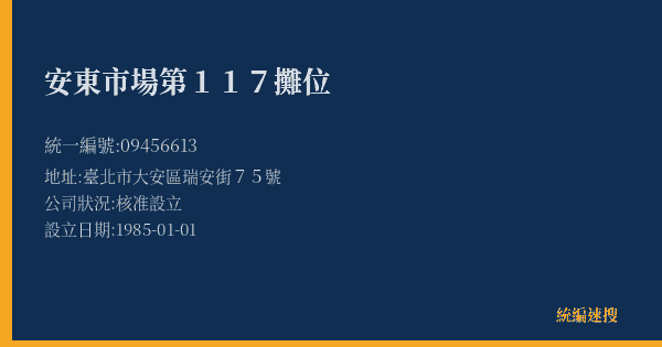 安東市場第117攤位的照片-統編 09456613(臺北市) 公司登記資料與營業項目詳細圖表