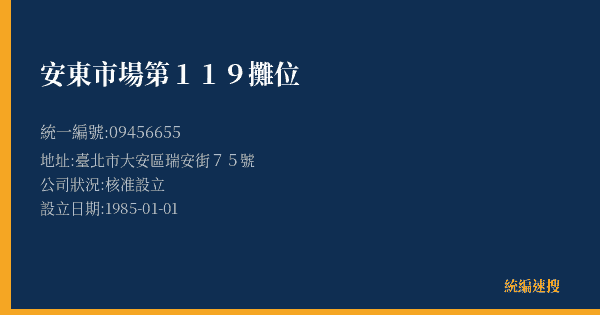 安東市場第119攤位的照片-統編 09456655(臺北市) 公司登記資料與營業項目詳細圖表