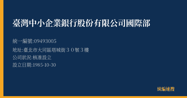 臺灣中小企業銀行股份有限公司國際部的照片-統編 09493005(臺北市) 公司登記資料與營業項目詳細圖表