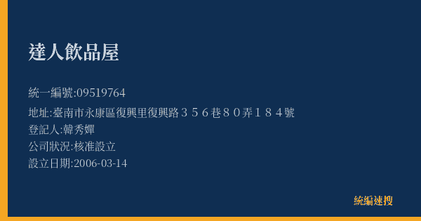 達人飲品屋的照片-統編 09519764(臺南市) 公司登記資料與營業項目詳細圖表