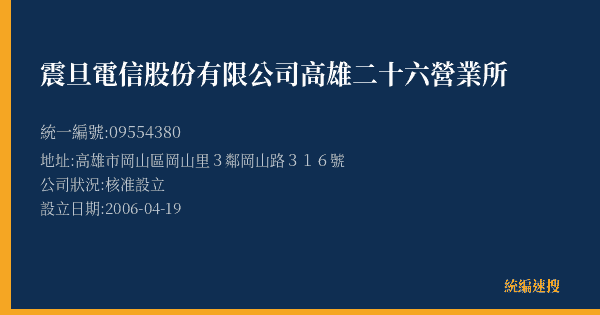 震旦電信股份有限公司高雄二十六營業所的照片-統編 09554380(高雄市) 公司登記資料與營業項目詳細圖表