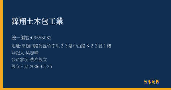 錦翔土木包工業的照片-統編 09558082(高雄市) 公司登記資料與營業項目詳細圖表