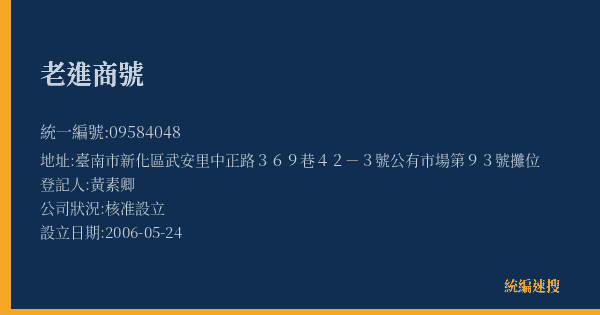 老進商號的照片-統編 09584048(臺南市) 公司登記資料與營業項目詳細圖表