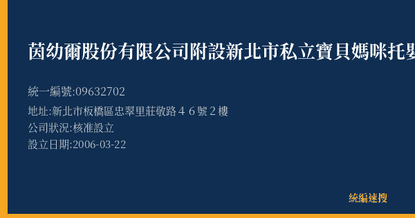 茵幼爾股份有限公司附設新北市私立寶貝媽咪托嬰中心的照片-統編 09632702(新北市) 公司登記資料與營業項目詳細圖表
