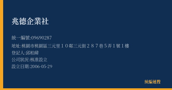 兆德企業社的照片-統編 09690287(桃園市) 公司登記資料與營業項目詳細圖表