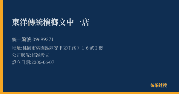 東洋傳統檳榔文中一店的照片-統編 09699371(桃園市) 公司登記資料與營業項目詳細圖表