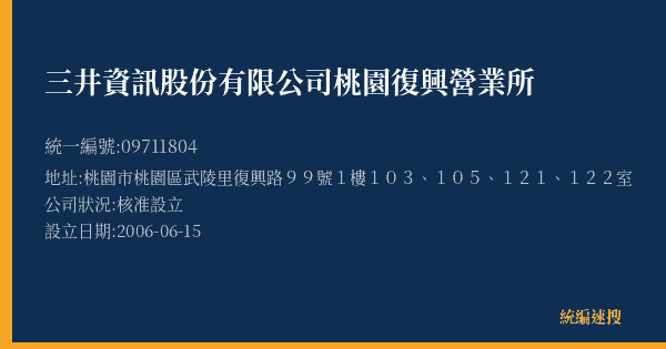 三井資訊股份有限公司桃園復興營業所的照片-統編 09711804(桃園市) 公司登記資料與營業項目詳細圖表