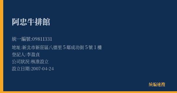阿忠牛排館的照片-統編 09811331(新北市) 公司登記資料與營業項目詳細圖表