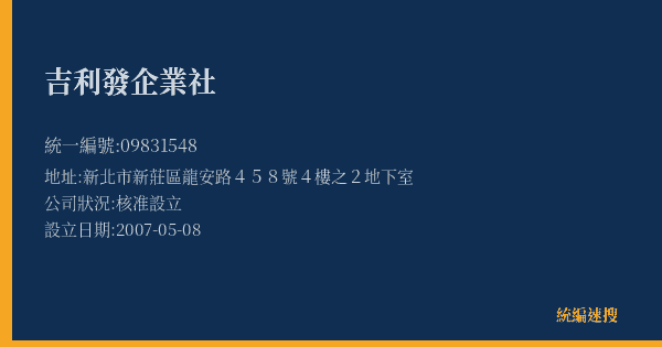 吉利發企業社的照片-統編 09831548(新北市) 公司登記資料與營業項目詳細圖表