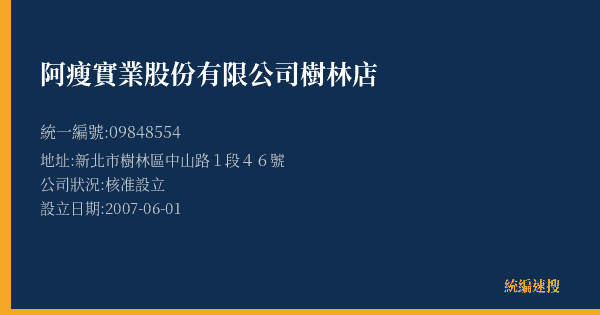 阿瘦實業股份有限公司樹林店的照片-統編 09848554(新北市) 公司登記資料與營業項目詳細圖表